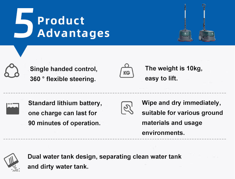 Portable Commercial Floor Scrubber Machine, Lightweight 21Lbs, Rechargeable Lithium-Ion Battery 90mins Working,for Large Areas Cleaning Works,Hotels